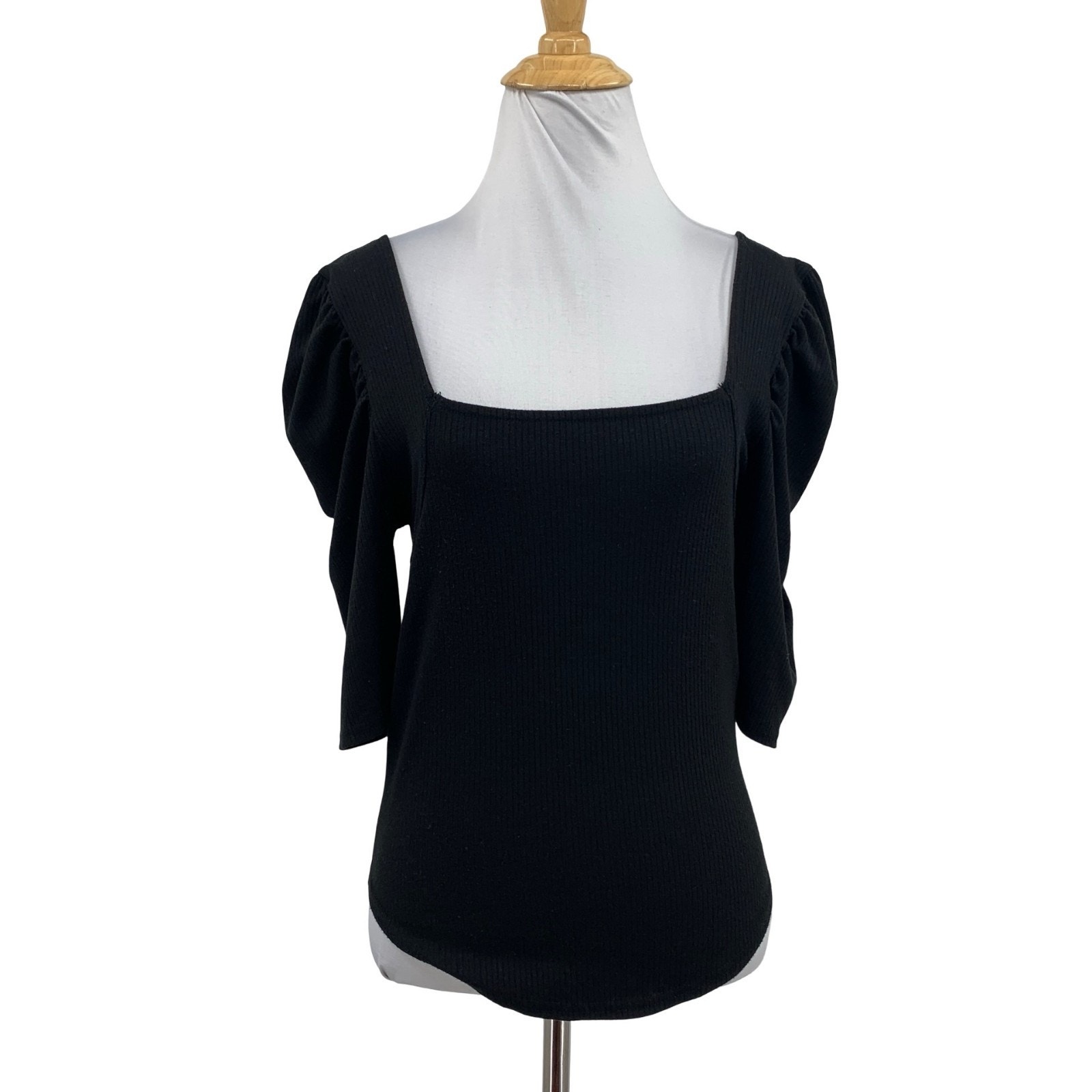 We The Free People Top Womens L Large Black Night Lily Ribbed Puff Sleeve Square